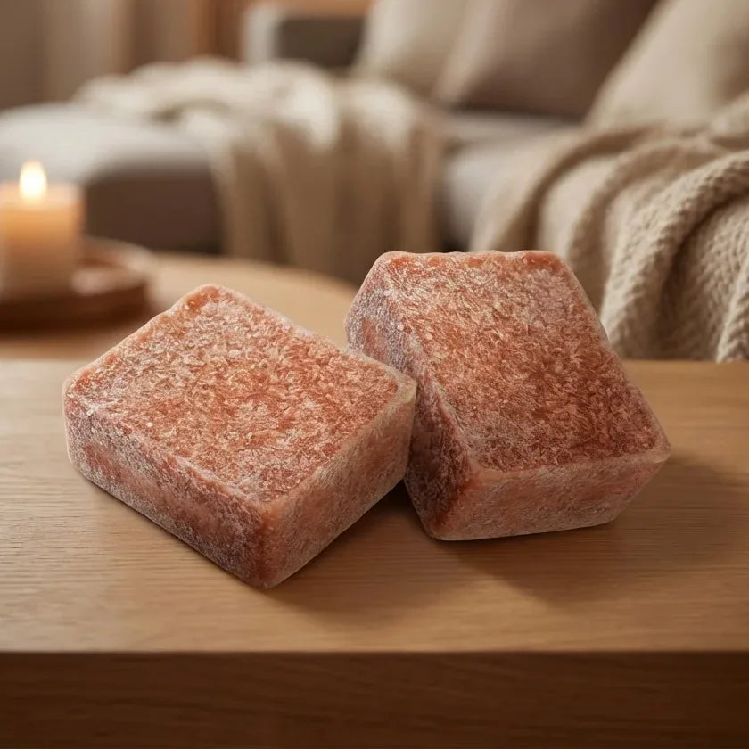 Carrés d'Ambre Fondants Home Breeze 2x25g sur surface bois, bougies parfumées décoratives