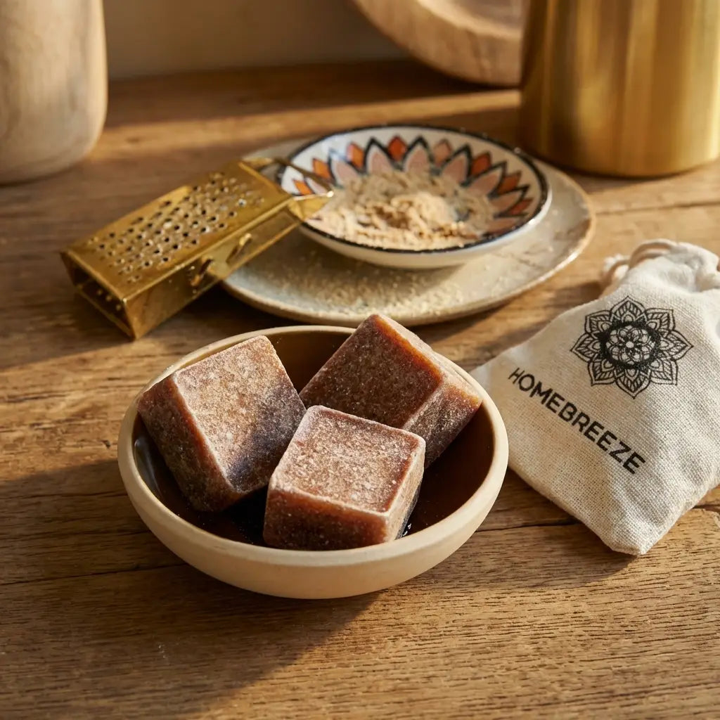 Carrés d'ambre fondants HomeBreeze dans un bol, décoration élégante et minimaliste en studio