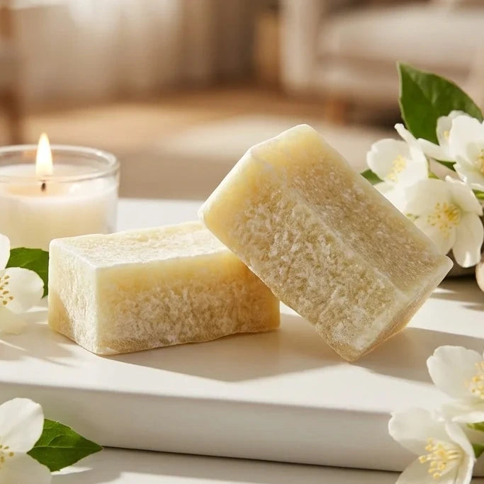 Carrés d'Ambre Jasmin ByBazz 2x25g avec fleurs de jasmin sur fond blanc