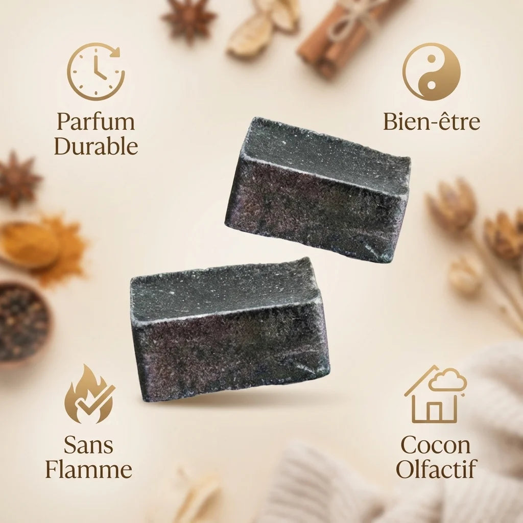 Carrés d'Ambre Musc Noir ByBazz avec icônes de bénéfices - Parfum durable sans flamme