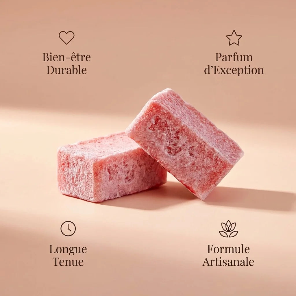 Carrés d'Ambre Sweet Pink ByBazz fondants rose avec icônes bien-être et parfum d'exception