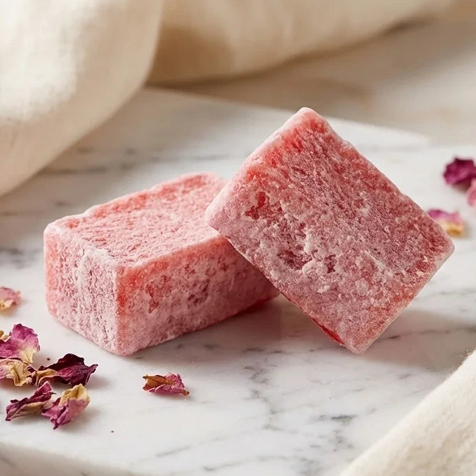 Carrés d'ambre fondants ByBazz rose bonbon sur marbre avec pétales roses séchés