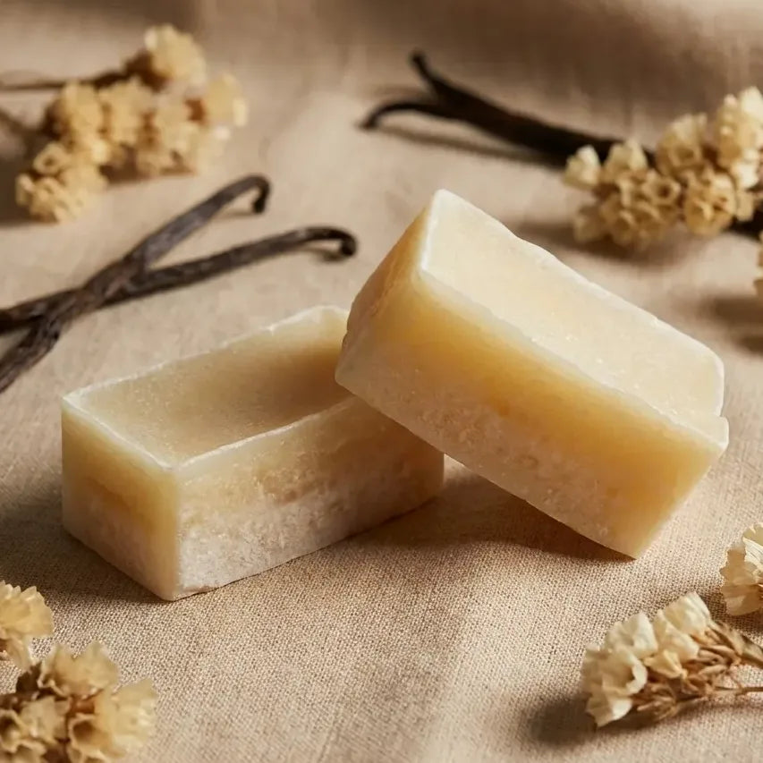 Carrés d'Ambre Vanille Fondants ByBazz 25g sur linge beige avec fleurs séchées