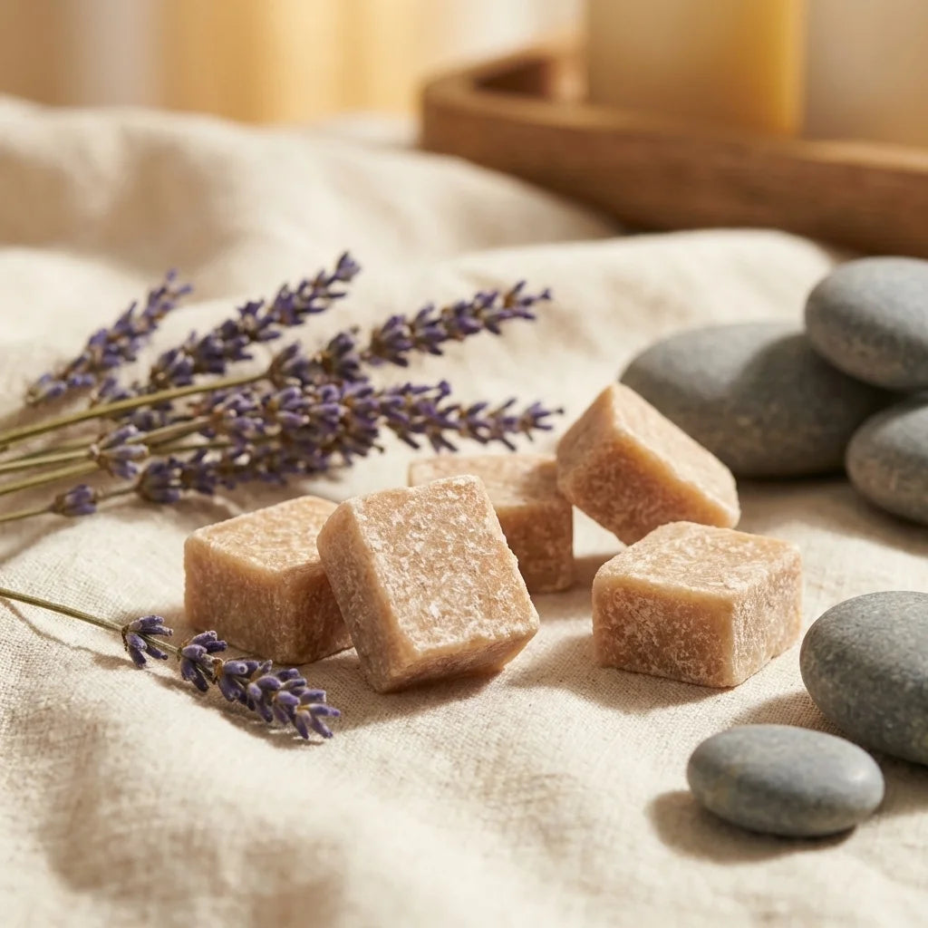 Carrés de bois de santal HomeBreeze fondants avec emballage kraft et éléments naturels spa
