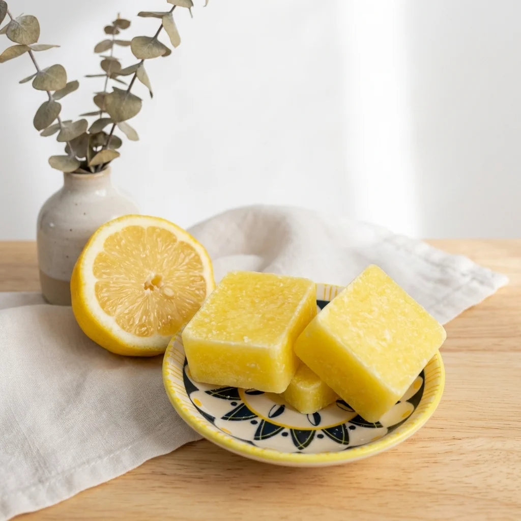 Carrés de Citron Fondants HomeBreeze sur assiette décorée avec tranche de citron frais