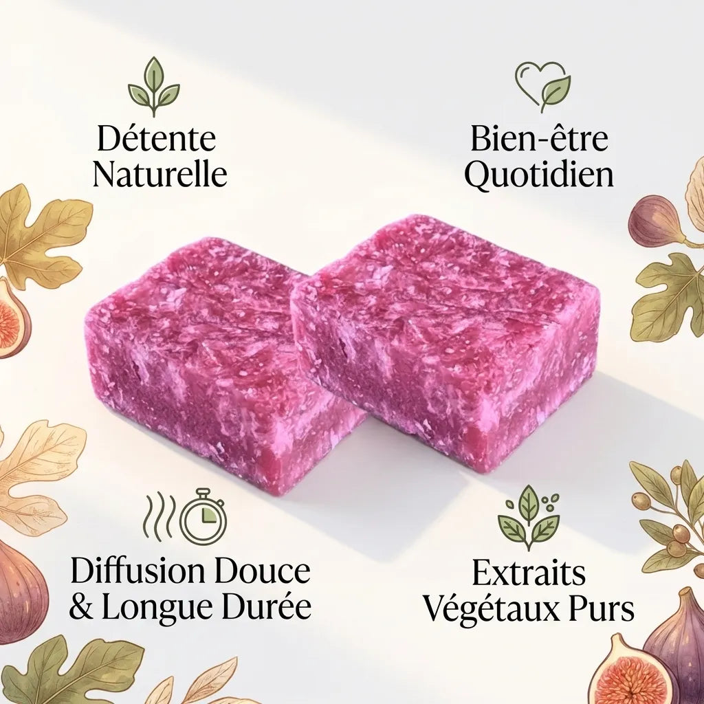 Carrés de Figue Fondants HomeBreeze 25g avec infographie bien-être et détente naturelle