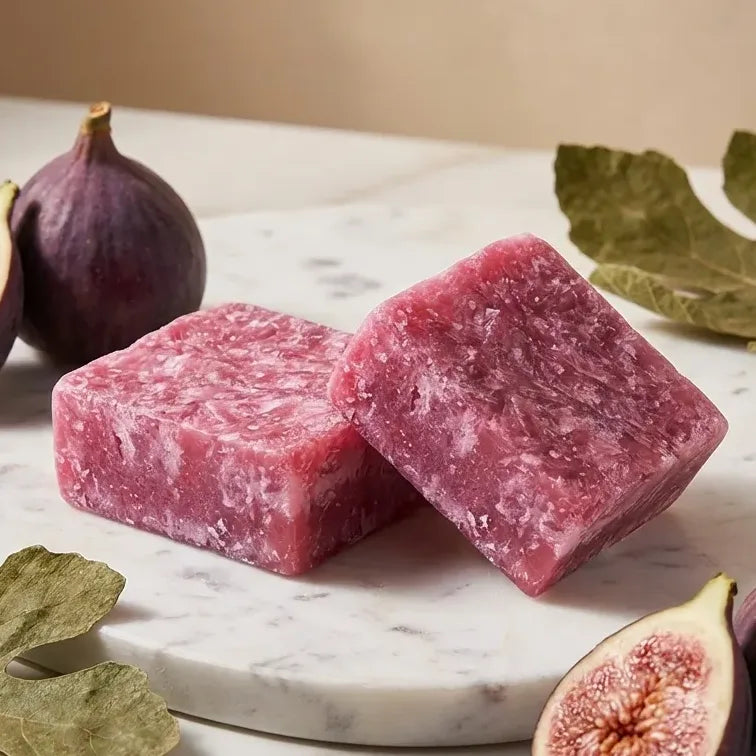 Carrés de figue fondants HomeBreeze 25g sur marbre avec figues fraîches