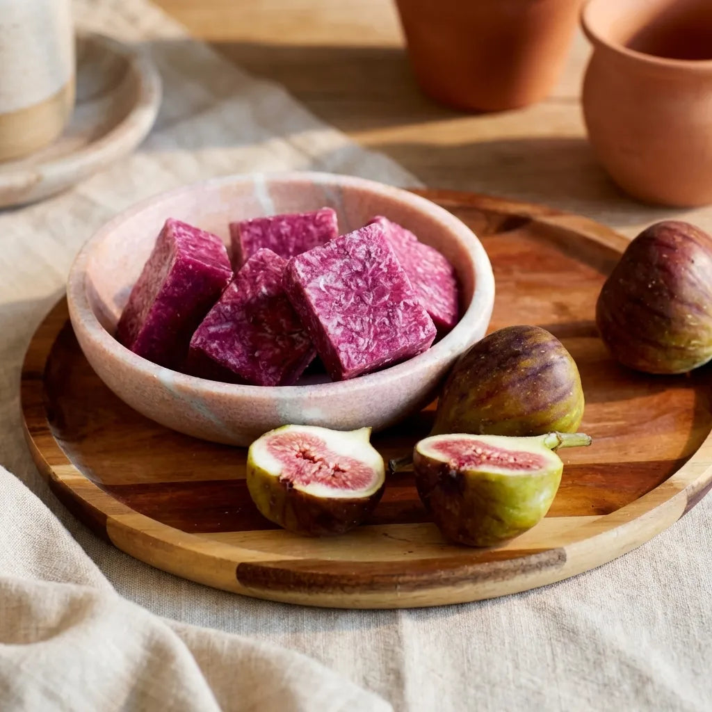 Carrés de Figue Fondants HomeBreeze sur planche bois avec figues fraiches