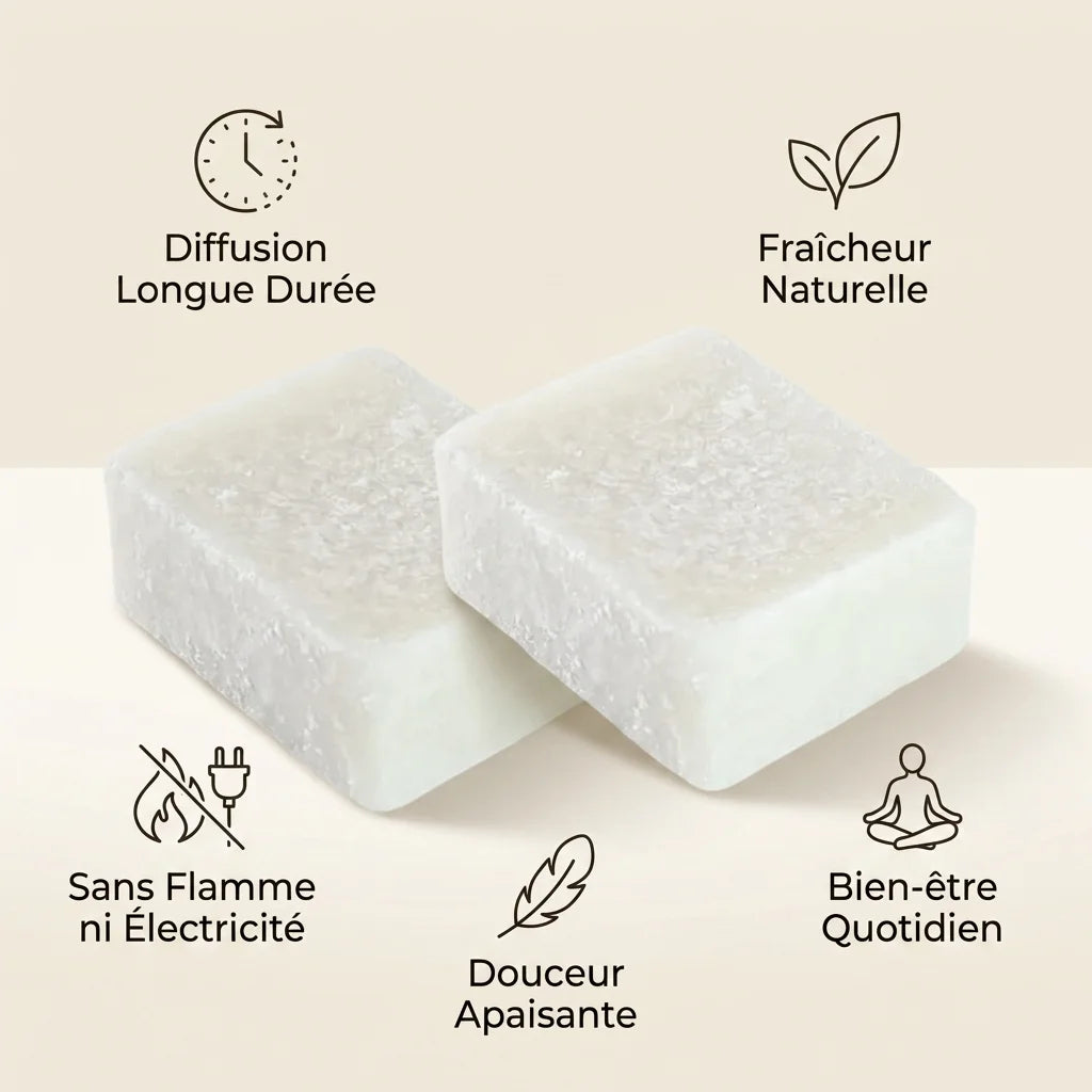 Carrés fleur de coton HomeBreeze 2x25g avec bénéfices : diffusion longue durée, fraîcheur naturelle, sans flamme