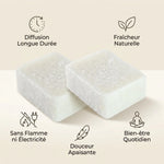 Carrés fleur de coton HomeBreeze 2x25g avec bénéfices : diffusion longue durée, fraîcheur naturelle, sans flamme