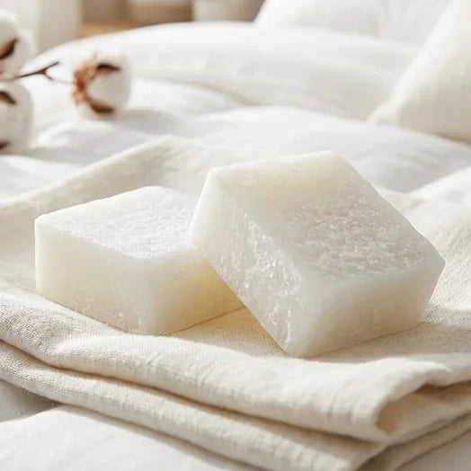 Carrés fondants Fleur de Coton HomeBreeze 2x25g sur tissu lin blanc, décoration chambre