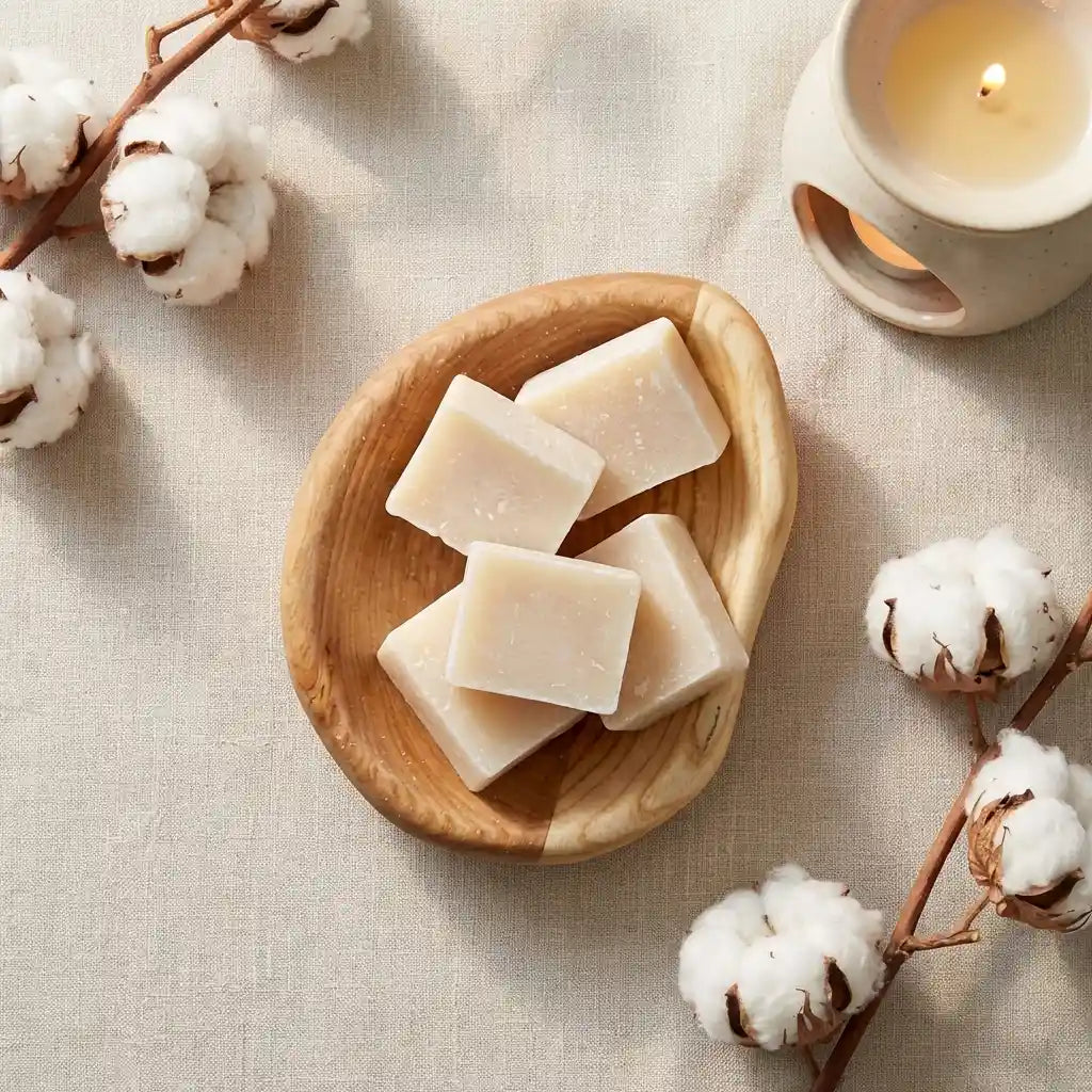 Carrés fondants Fleur de Coton HomeBreeze sur plateau bois, diffusion de parfum d'ambiance