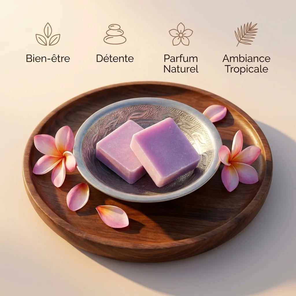 Carrés de Frangipanier HomeBreeze avec pétales roses, packaging luxe bien-être et détente tropicale