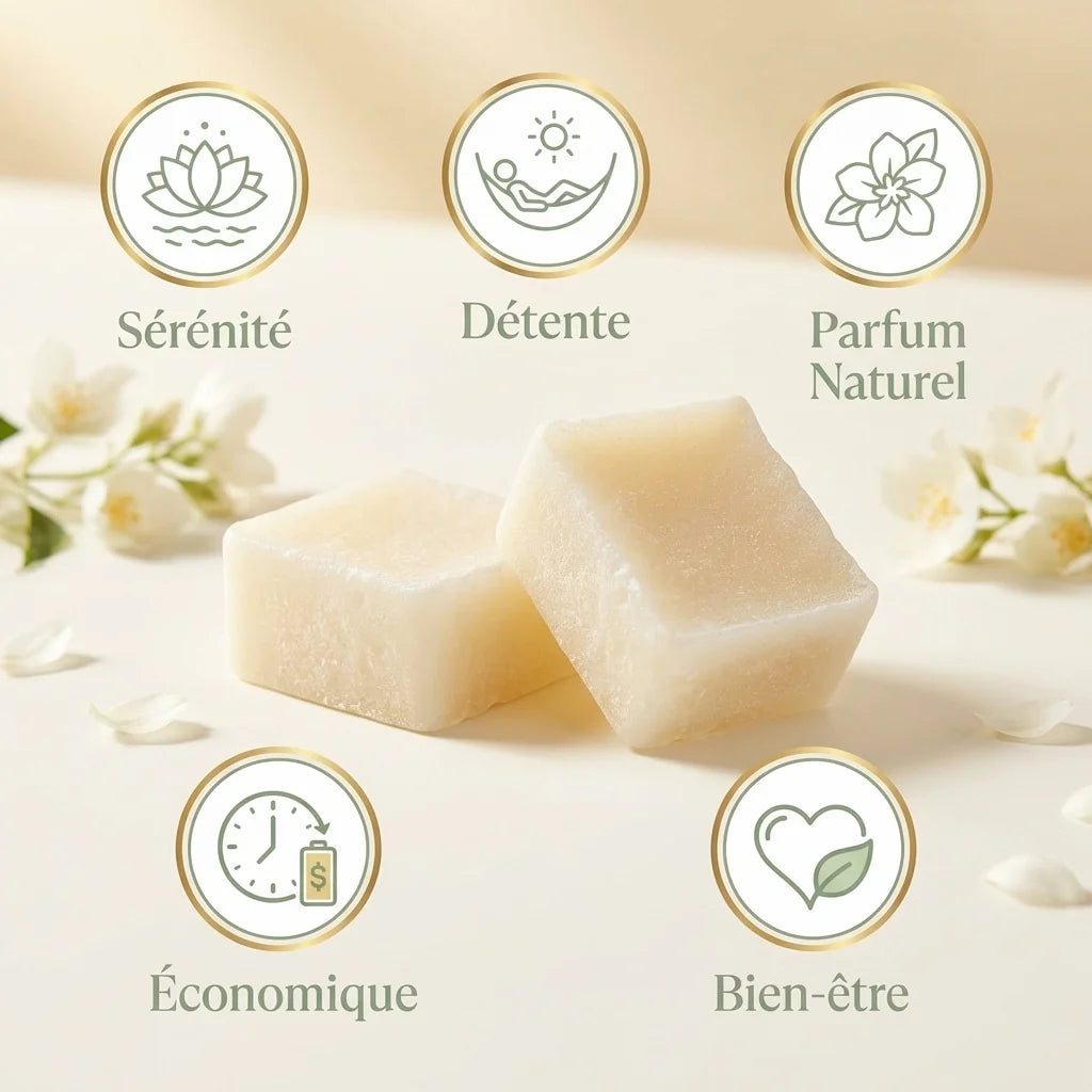 Carrés de Jasmin HomeBreeze fondants avec icônes bien-être, sérénité et détente