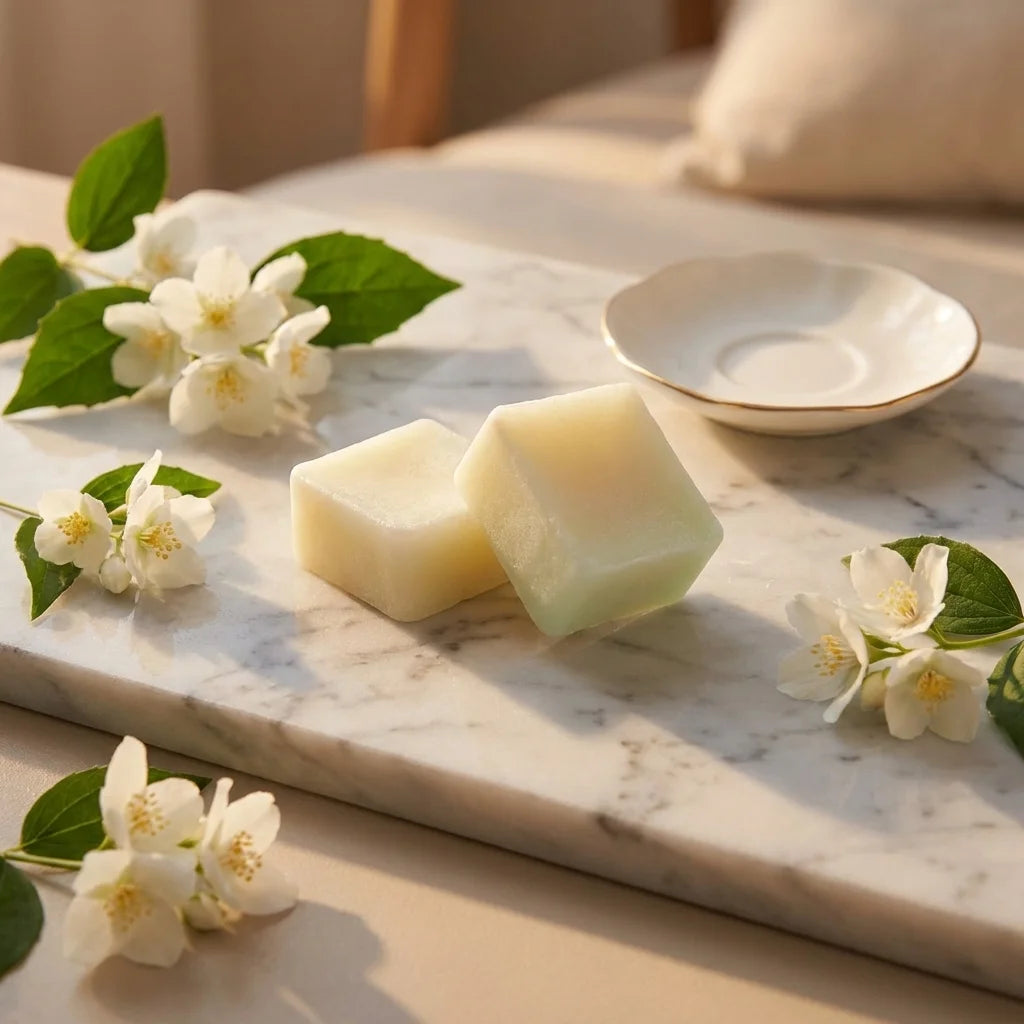 Carrés Jasmin Fondants HomeBreeze 2x25g sur marbre avec fleurs de jasmin frais