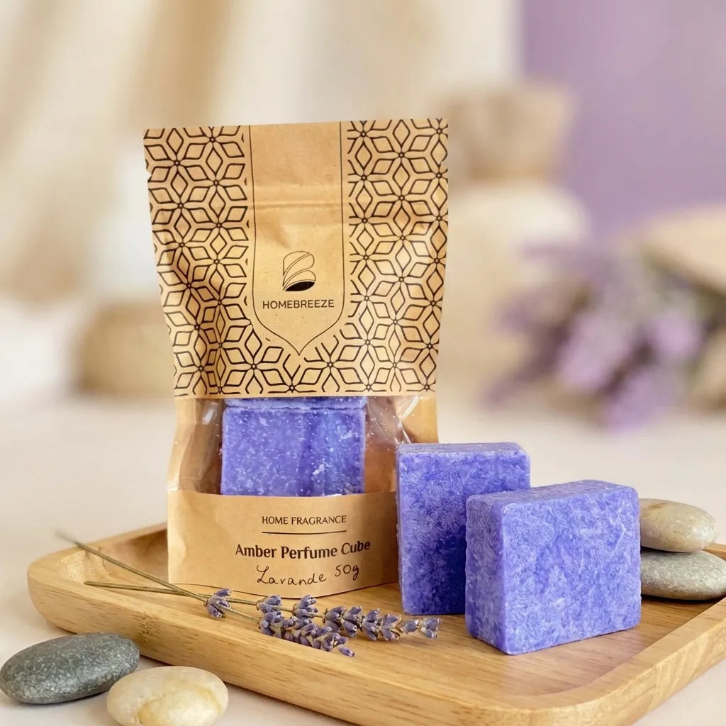 Carrés de Lavande Fondants HomeBreeze 2x25g packaging kraft et cubes violets