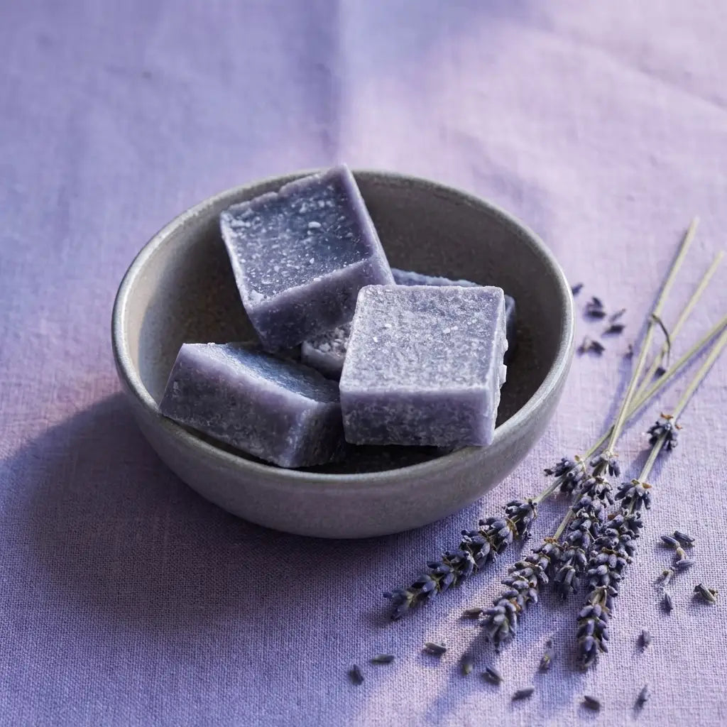 Carrés de lavande fondants HomeBreeze dans un bol gris avec lavande séchée, ambiance relaxation