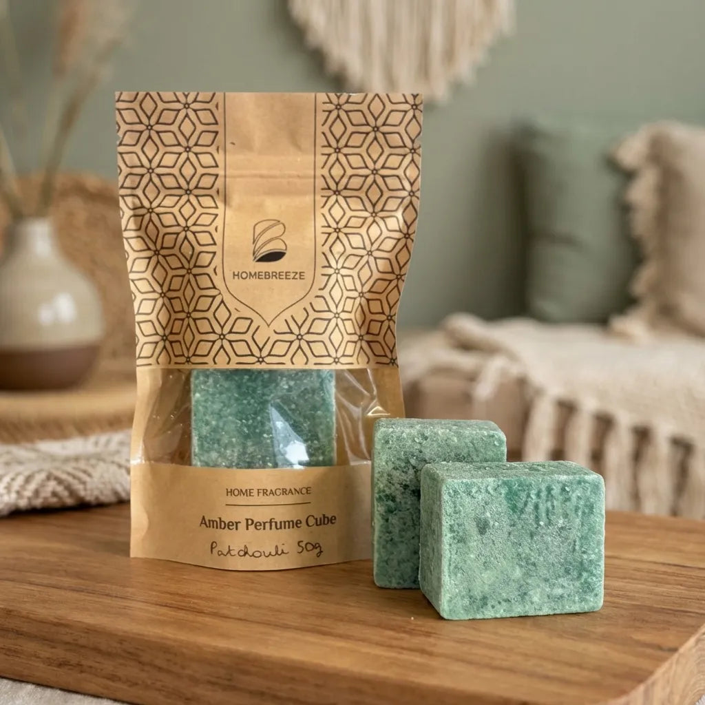 Carrés de Patchouli Fondants HomeBreeze 2x25g sur surface bois avec emballage kraft