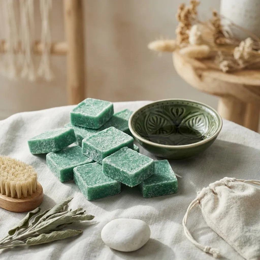Carrés de Patchouli Fondants HomeBreeze dans un plat céramique avec accessoires spa