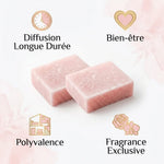 Carrés Orchidée Rose HomeBreeze avec icônes bénéfices diffusion, bien-être, polyvalence et fragrance