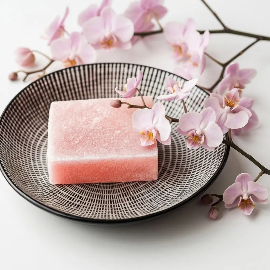 Carrés d'Orchidée Rose Fondants HomeBreeze 2x25g dans bol noir avec orchidées fraiches