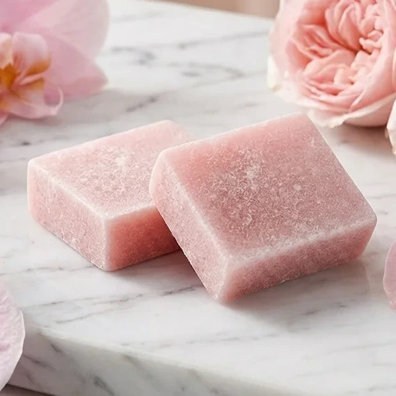 Carrés Orchidée Rose HomeBreeze fondants 25g sur marbre avec pétales et roses