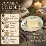 Carrés fondants Ambre Velours HomeBreeze 2x25g avec infographie d'utilisation et ambiance spa luxe