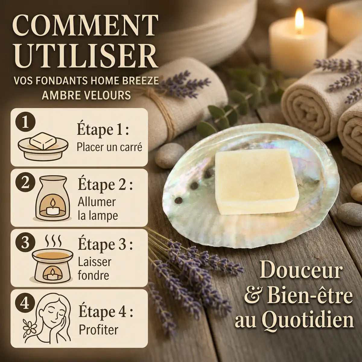 Carrés fondants Ambre Velours HomeBreeze 2x25g avec infographie d'utilisation et ambiance spa luxe