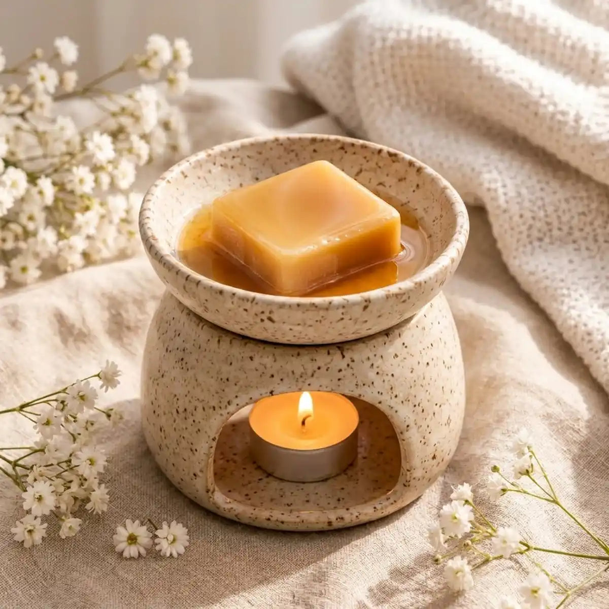 Carrés fondants ambre velours HomeBreeze qui fondent dans un brûle-parfum avec fleurs blanches