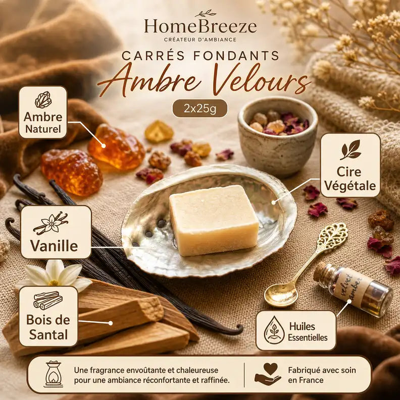 Carrés Fondants Ambre Velours HomeBreeze avec ingrédients naturels ambre vanille bois de santal