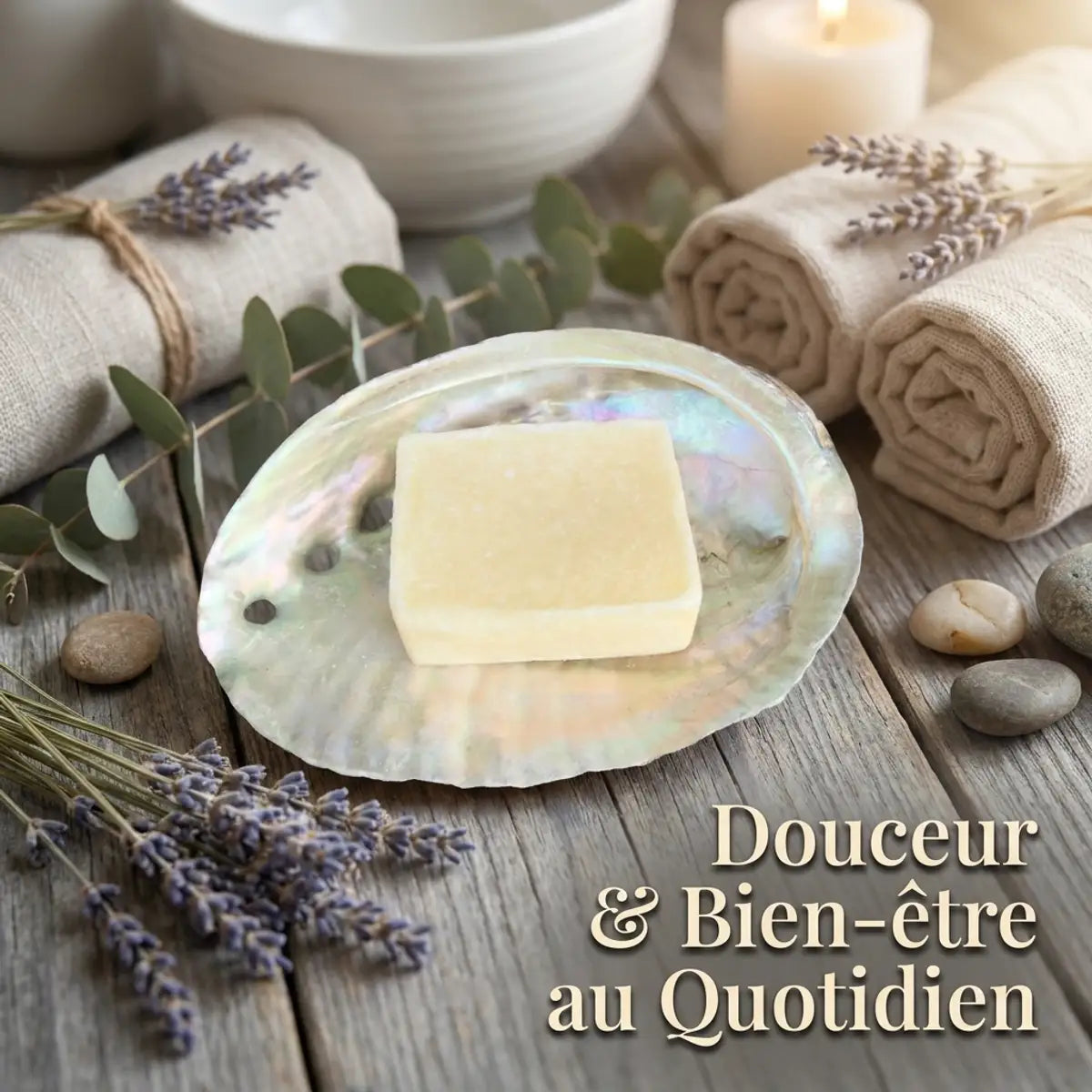 Carrés Fondants Ambre Velours HomeBreeze 2x25g sur coquille nacre, ambiance spa wellness
