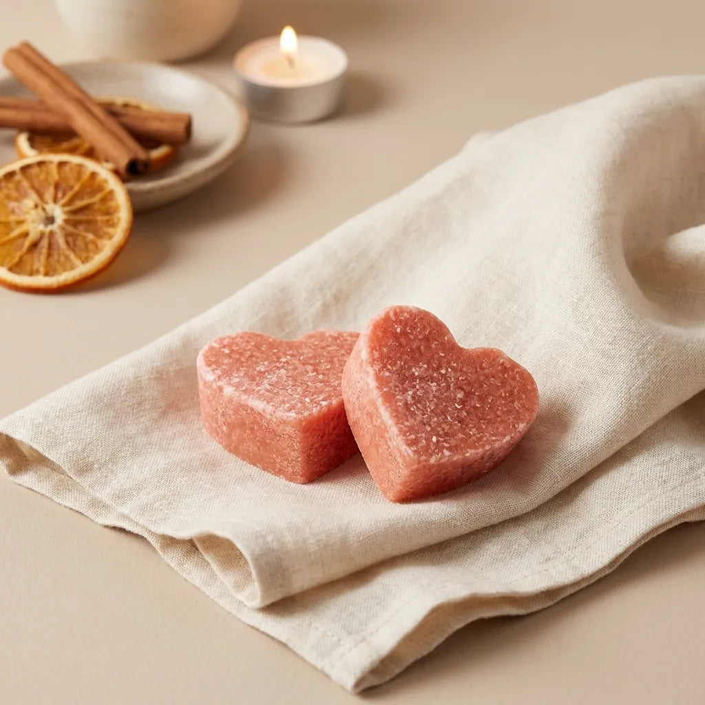 Carrés fondants Ambre Cannelle ByBazz en forme de cœur, texture cristalline rose corail
