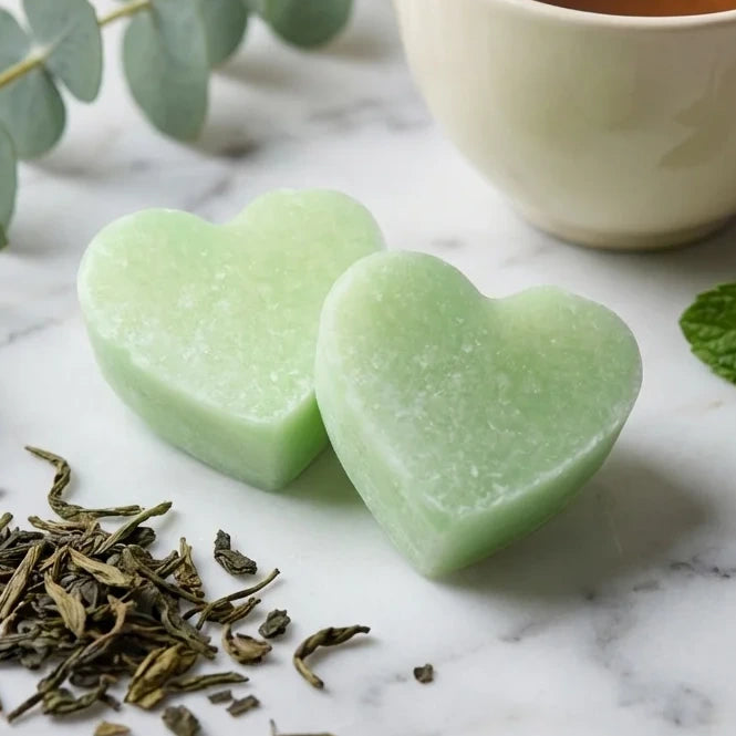 Carrés fondants ambre thé vert ByBazz en forme de cœur sur surface marbre avec tasse et botaniques