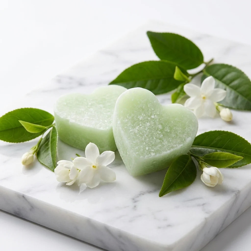 Carrés fondants cœur ByBazz ambre thé vert avec feuilles de thé frais sur marbre blanc