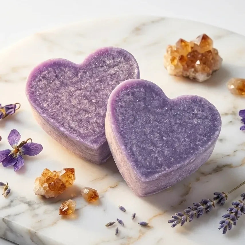 Carrés fondants Ambre Violette en forme de cœur ByBazz sur marbre avec cristaux