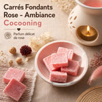 Carrés Fondants Rose HomeBreeze 25g en présentation avec fleurs séchées et diffuseur