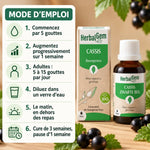 Cassis Bio HerbalGem 30 ml défenses immunitaires : flacon et mode d'emploi en 6 étapes, baies de cassis