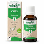 Flacon en verre ambré de HerbalGem Cassis Bio 30 ml avec étiquette verte et boîte en carton kraft, sur fond blanc
