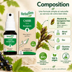 Spray Cassis Bio HerbalGem 15 ml et sa composition : macérat de bourgeons de cassis, alcool, eau, glycérine végétale