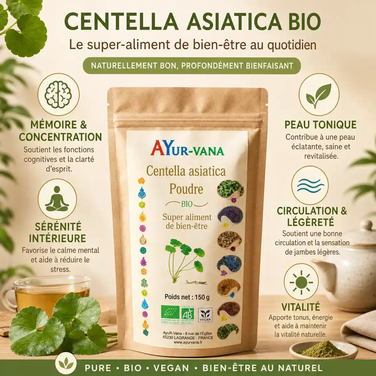Centella asiatica bio poudre 150g AYur-vana avec infographie bénéfices santé et feuilles fraîches