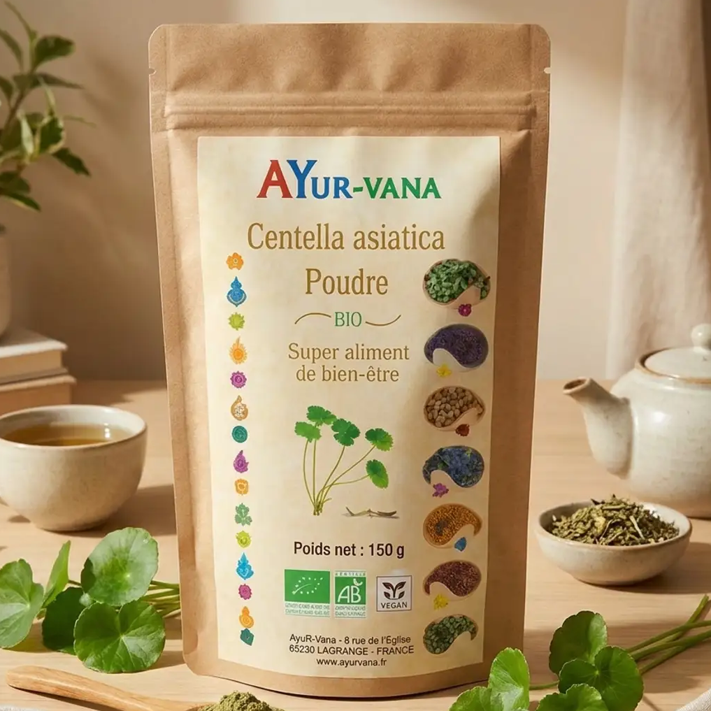 Centella asiatica bio poudre 150g AYur-vana avec feuilles de gotu kola frais et cuillère en bois