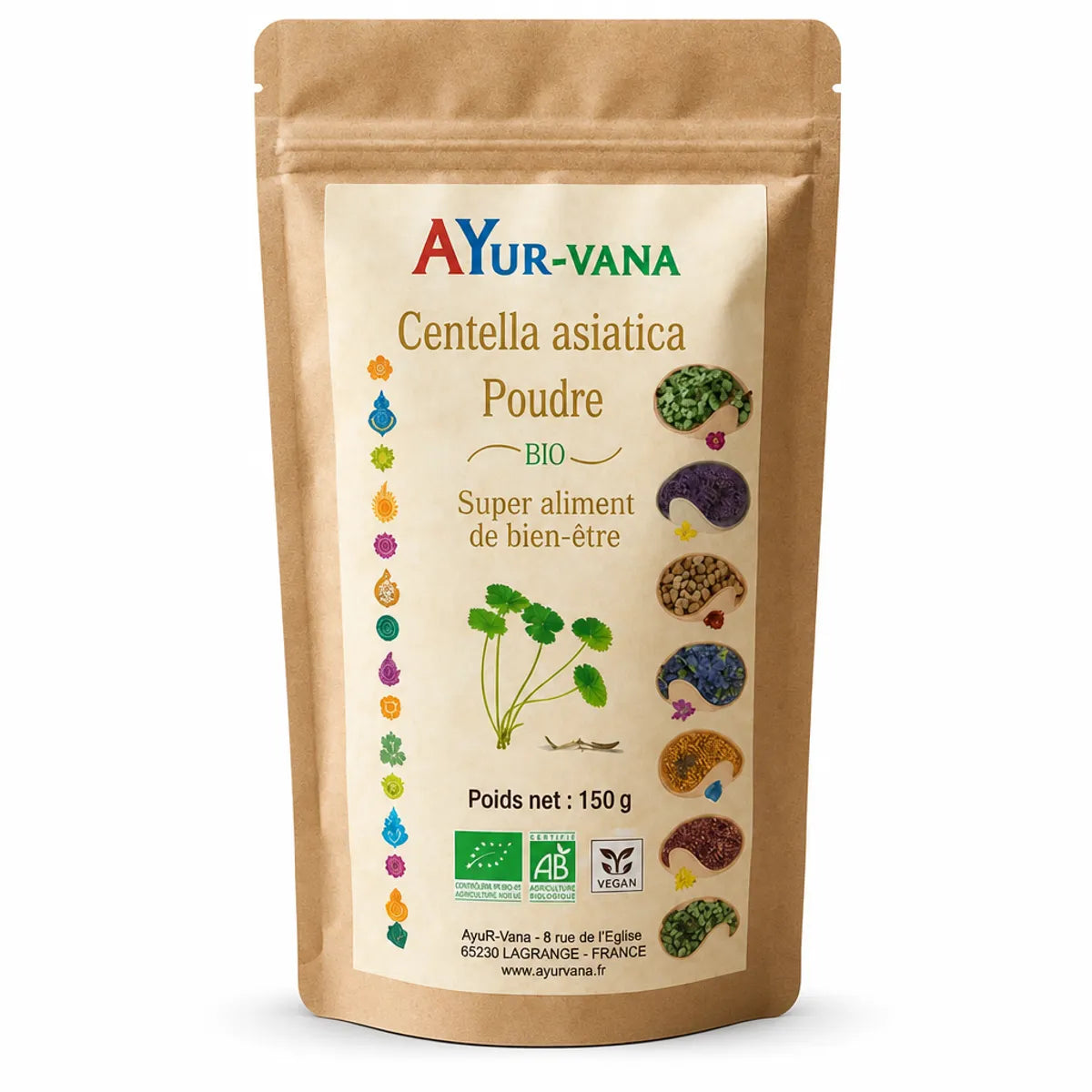 Centella asiatica bio en poudre 150g AYur-vana, sachet kraft avec étiquette crème et logo