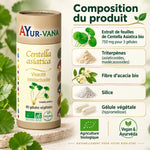 Centella Asiatica bio Ayur-Vana en boîte carton, avec liste des ingrédients : extrait de feuilles, 750 mg pour 3 gélules