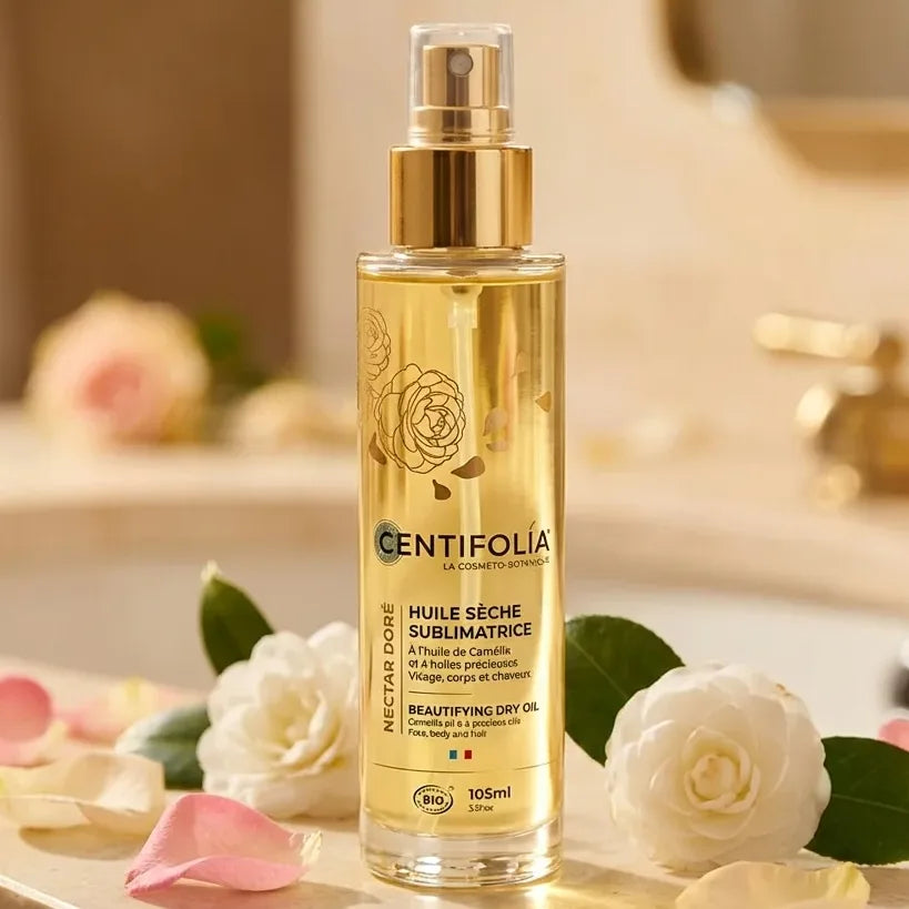 Centifolia Huile Sèche Sublimatrice 100ml dorée avec fleurs de rose et camélia