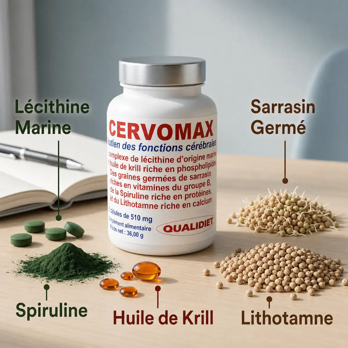 Cervomax 510mg avec ingrédients naturels : lécithine marine, huile de krill, spiruline et lithotamne