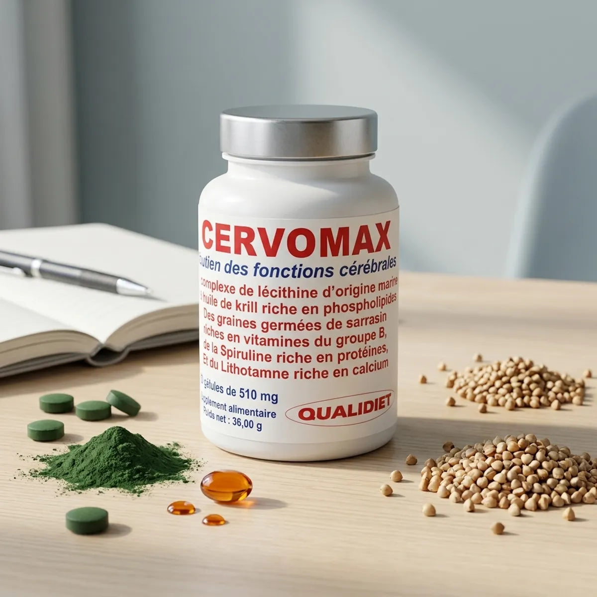 Cervomax 510mg Qualidiet - Complément cérébral avec spiruline, krill et sarrasin