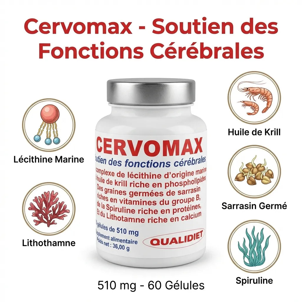 Cervomax 510mg complément cérébral avec ingrédients naturels lécithine marine krill spiruline