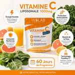 C+Form Vitamine C Liposomale 1000 mg Inolab avec fruits frais et infographie des 5 bénéfits