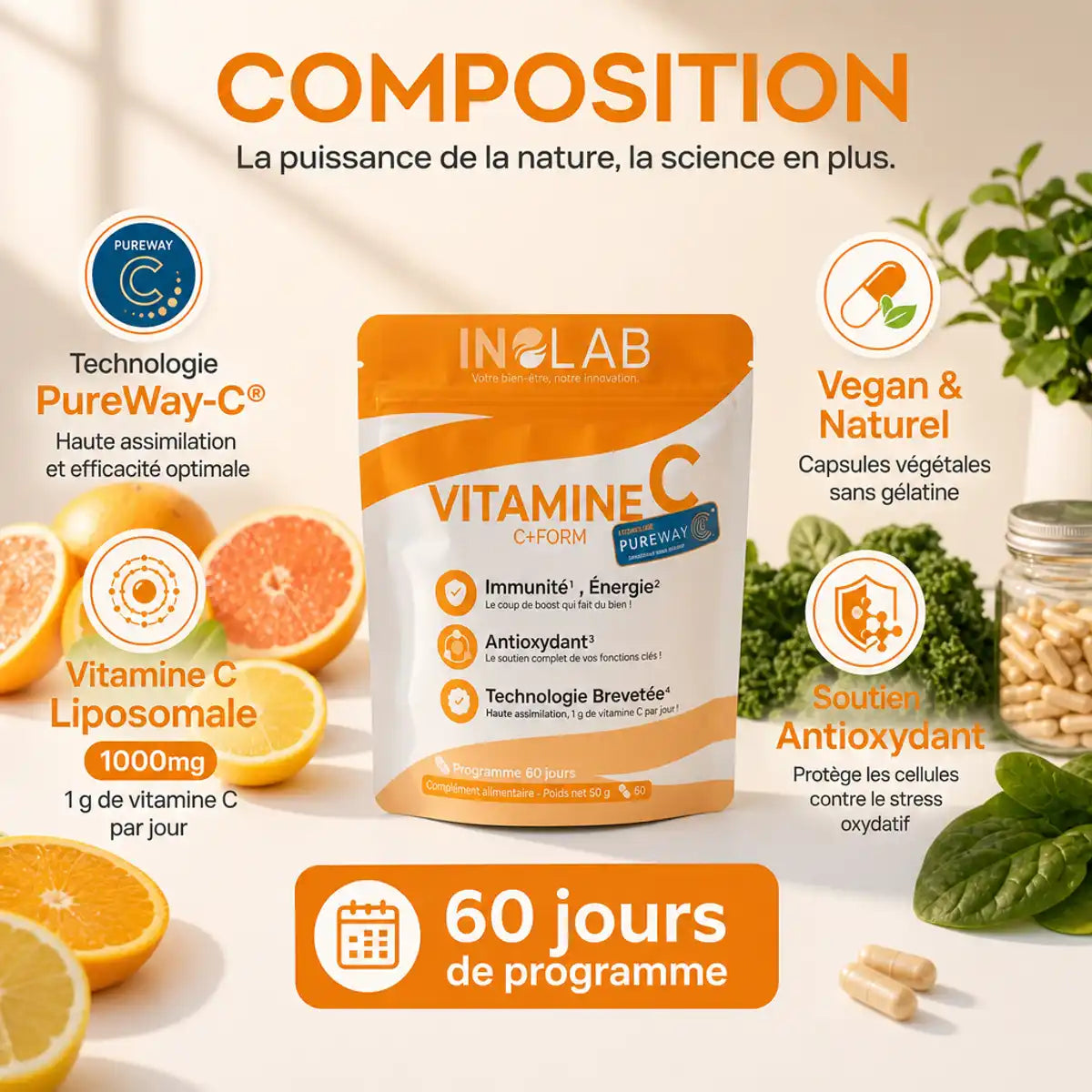 C+Form Vitamine C Liposomale 1000mg Inolab - Flacon 60 gélules avec composition et technologie PureWay-C