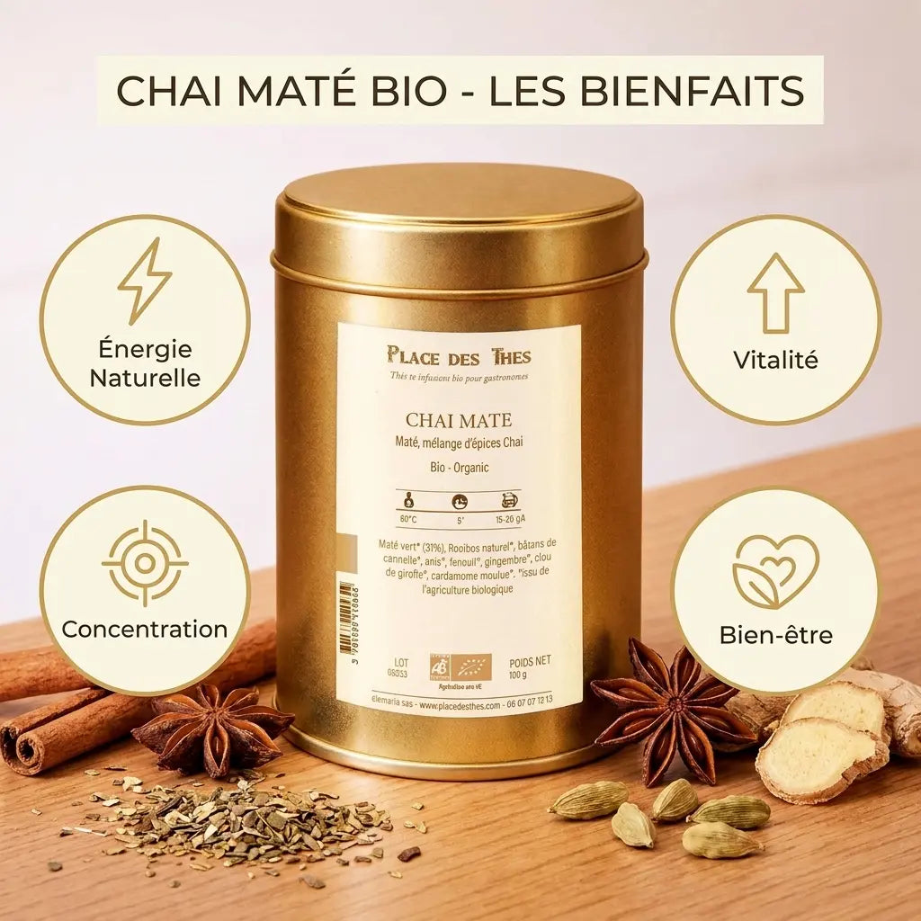 Chai Maté Bio Place des Thés : boîte dorée avec infographie des bienfaits énergie, vitalité, concentration